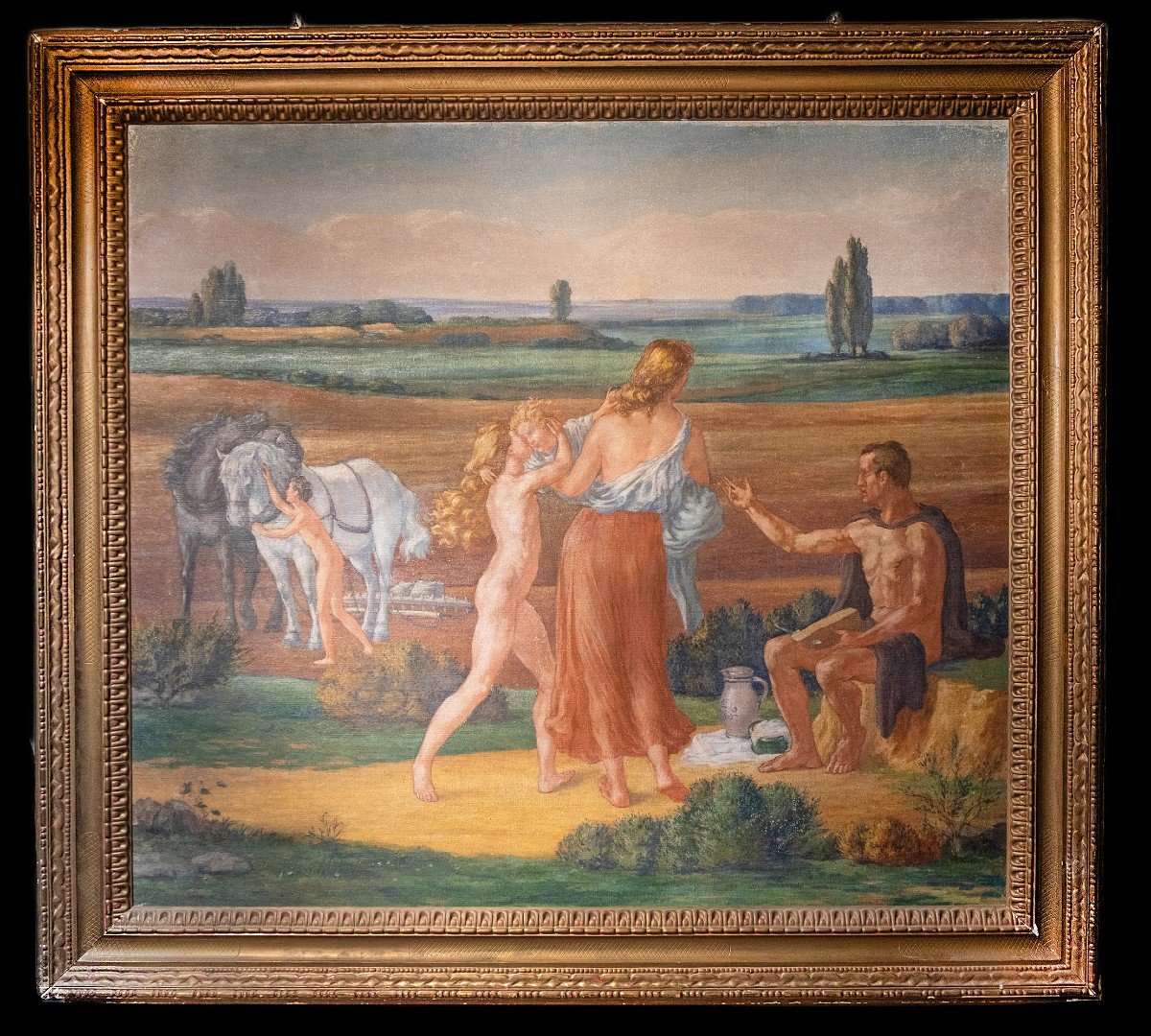 Paesaggio simbolista con simboli della Terra Prosper Colmant. Datato 1912. Cm 161x180