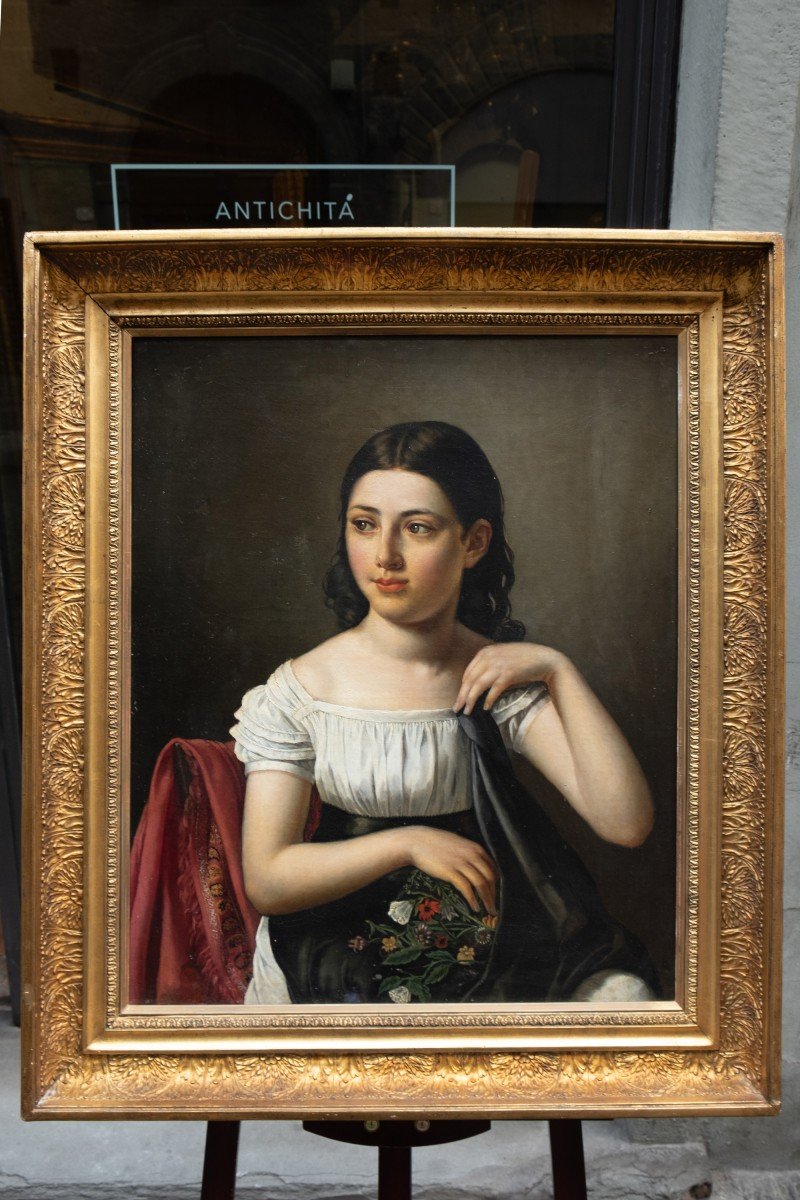 Ritratto romantico di una giovane ragazza con fiori. Scuola francese, fine anni 1820-photo-4