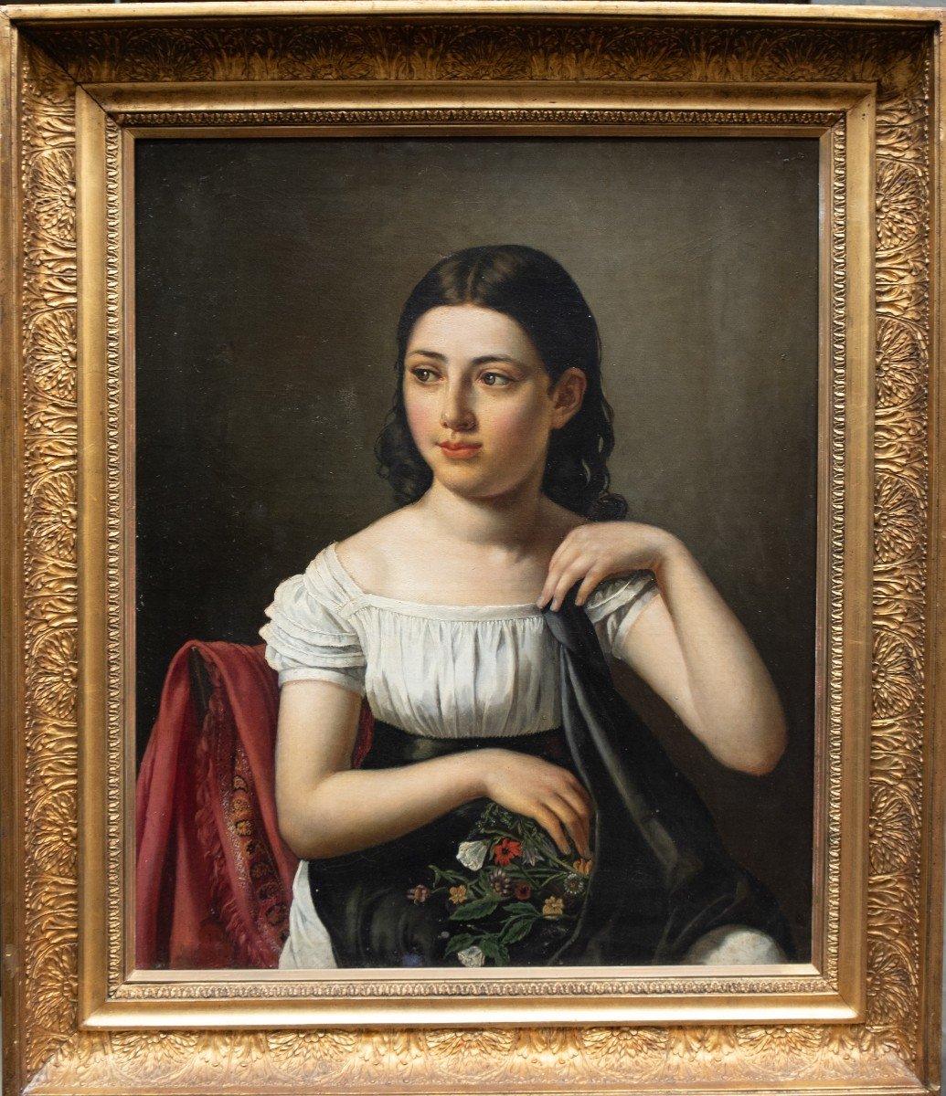 Ritratto romantico di una giovane ragazza con fiori. Scuola francese, fine anni 1820