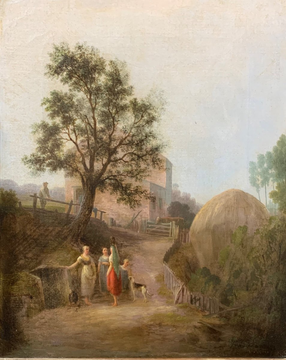 Scena di vita rurale con contadine e paesaggio agreste. XIX sec.  A. Retti (?)