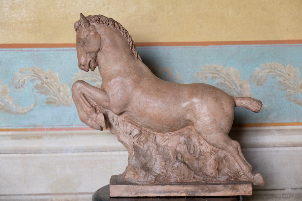 Scultura in terracotta:  Cavallo a galoppo in terracotta. Firmato Giorgio Rossi.-photo-4