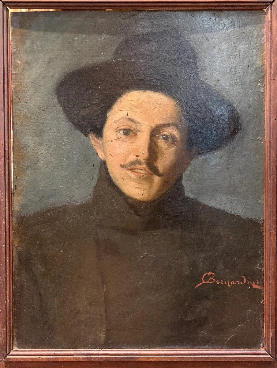 Ritratto di uomo (Giacomo Puccini?) con occhiali e baffi, firmato Oreste Bernardini. -photo-7