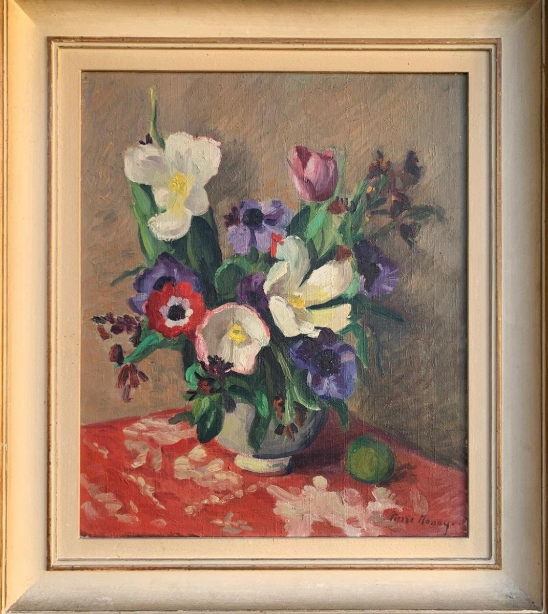 Natura morta con fiori e un frutto Artista: Pierre Monay (Nancy, 1896 – Morges, 1974), firmato