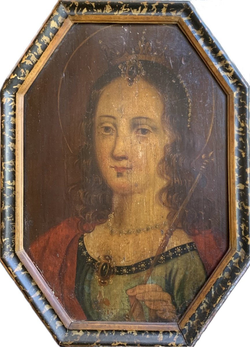 Santa Clotilde, Regina dei Franchi. Dipinto ottagonale su tavola, circa 1700.