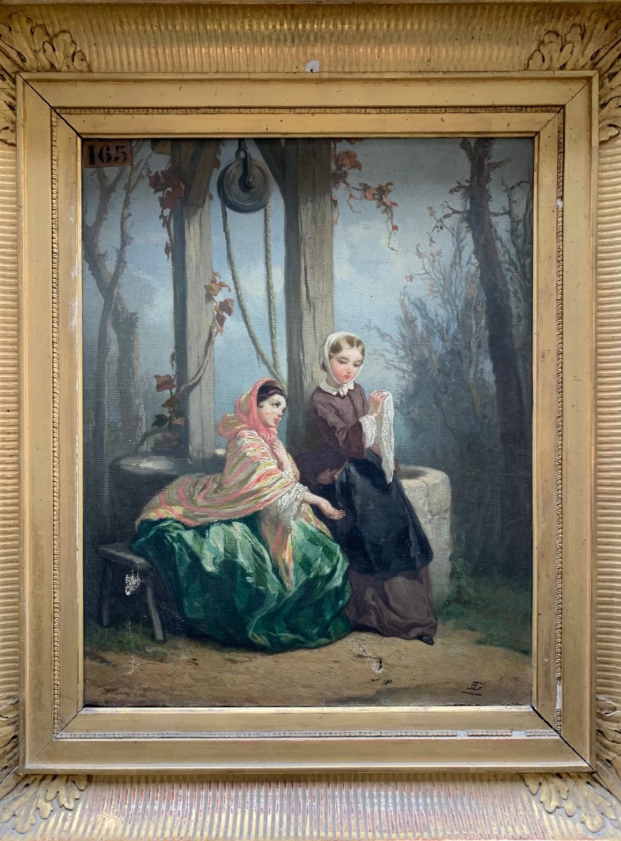 Due giovani donne presso un pozzo, 1850 ca. Monogrammato. -photo-2