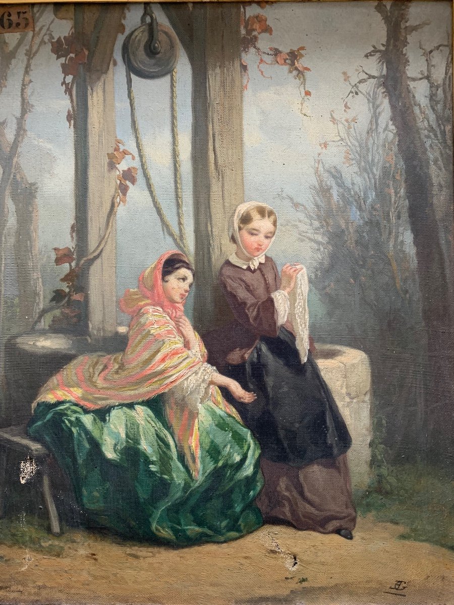 Due giovani donne presso un pozzo, 1850 ca. Monogrammato. 