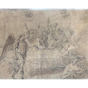 L’Arcangelo e il Demone: La Battaglia per l’Anima di un Santo. Disegno Italiano. XIX Sec