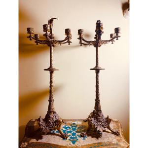 Candelabri Art Nouveau in Bronzo con Aironi e Mascheroni. Circa 1890