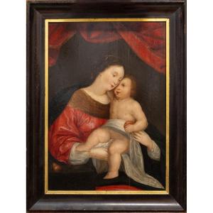 XVII secolo, dipinto su tavola, Scuola fiamminga, Madonna con Bambino e drappo rosso