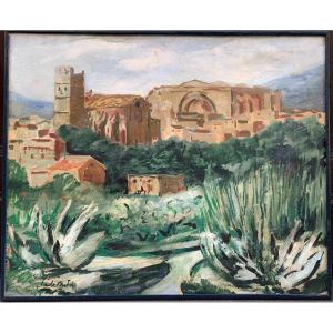 Paesaggio del Sud con Chiesa Medievale, Torri e Agave, Olio su Tela, Ca. 1920-1930