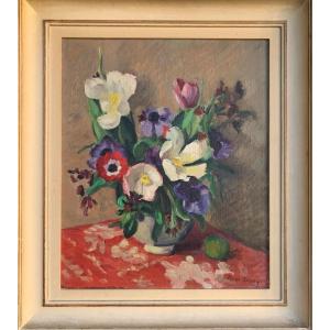 Natura morta con fiori e un frutto Artista: Pierre Monay (Nancy, 1896 – Morges, 1974), firmato