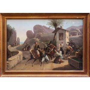 Assalto dei briganti ed i militari papali. XIX secolo, Dipinto su lastra di metallo.