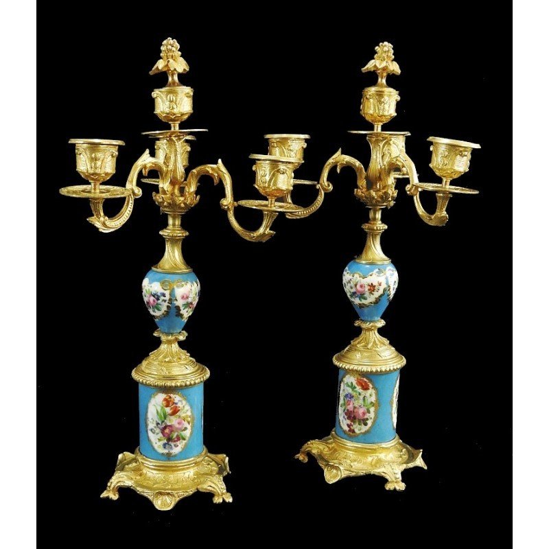 COPPIA DI CANDELABRI IN BRONZO DORATO E PORCELLANA DI SEVRES DI EPOCA NAPOLEONE III-photo-3