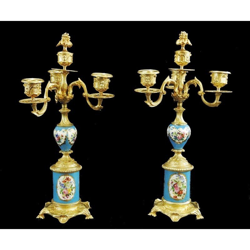 COPPIA DI CANDELABRI IN BRONZO DORATO E PORCELLANA DI SEVRES DI EPOCA NAPOLEONE III-photo-5