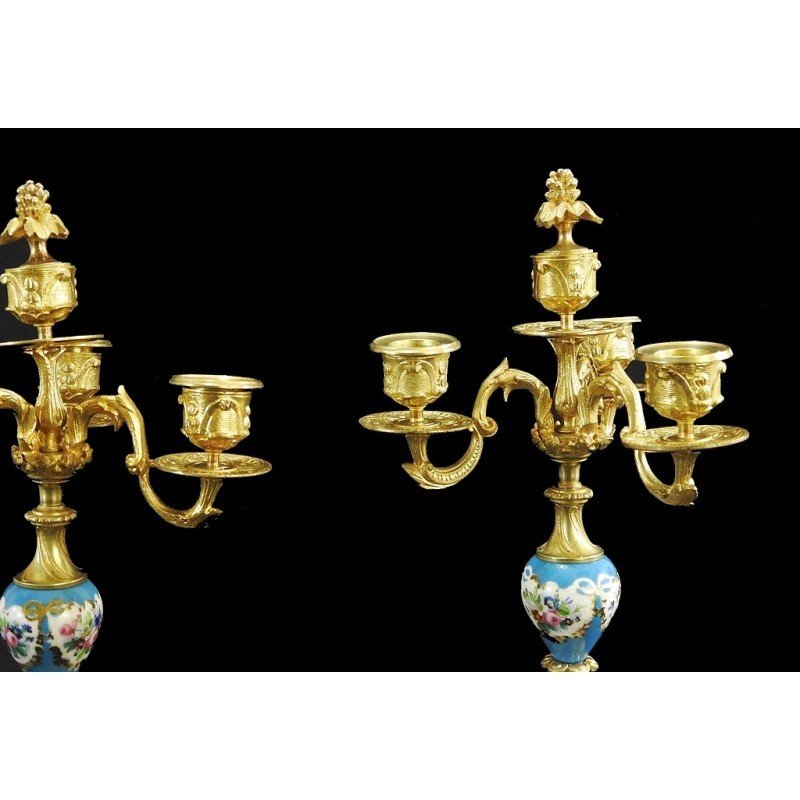 COPPIA DI CANDELABRI IN BRONZO DORATO E PORCELLANA DI SEVRES DI EPOCA NAPOLEONE III-photo-6