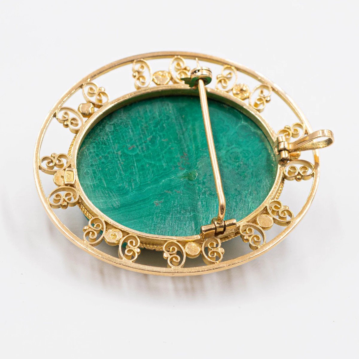 CIONDOLO/SPILLA VINTAGE IN ORO GIALLO 18K CON CAMMEO SU MALACHITE, ANNI ‘60-photo-2