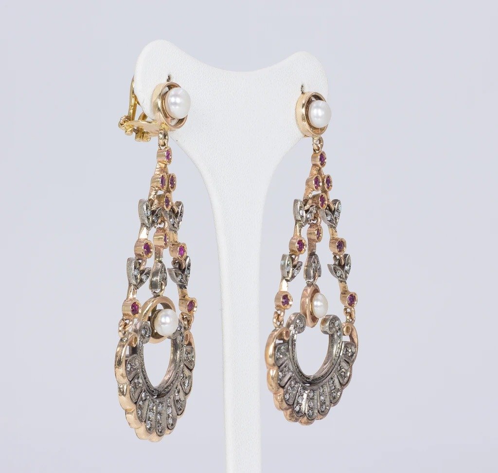 Boucles d'Oreilles De Style Antique En Or 14k Et Argent Avec Diamants, Rubis Et Perles-photo-2