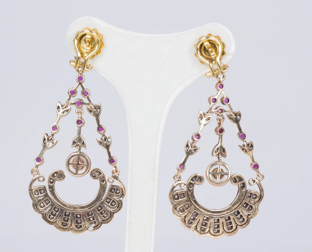 Boucles d'Oreilles De Style Antique En Or 14k Et Argent Avec Diamants, Rubis Et Perles-photo-3