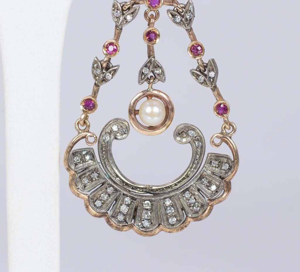 Boucles d'Oreilles De Style Antique En Or 14k Et Argent Avec Diamants, Rubis Et Perles-photo-4