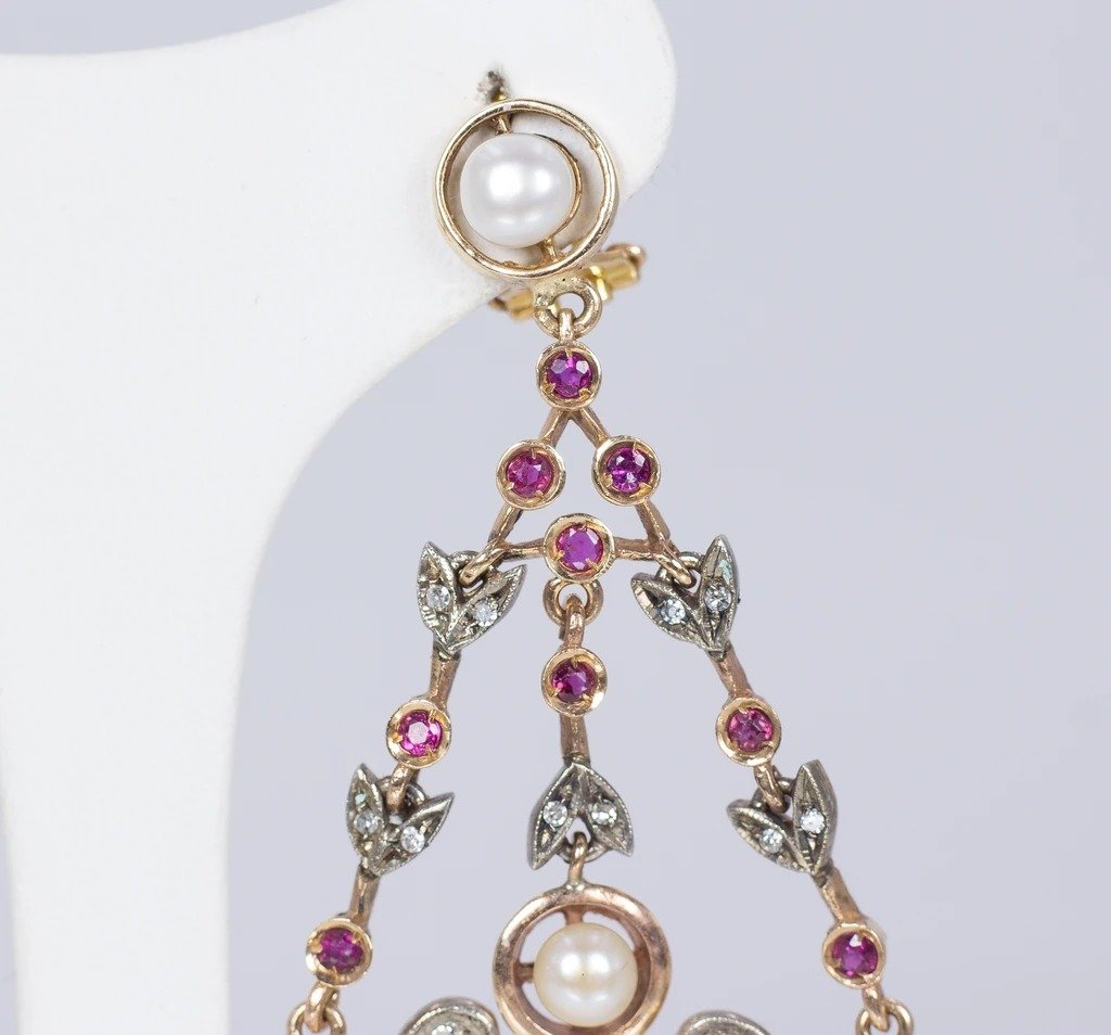 Boucles d'Oreilles De Style Antique En Or 14k Et Argent Avec Diamants, Rubis Et Perles-photo-1