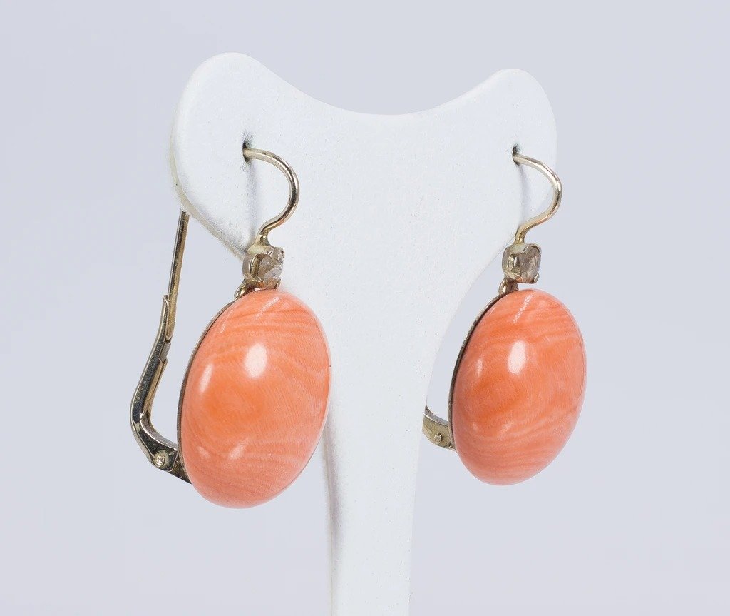 Boucles d'Oreilles En Or 18 Carats Avec Boutons Corail Et Diamants Taille Rose  1950-photo-2