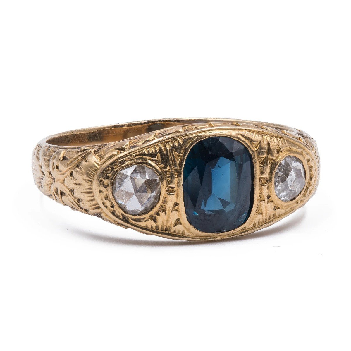 Bague Pour Homme  En Or 18 K Avec Saphir Central Et Diamants Sur Les CÔtÉs