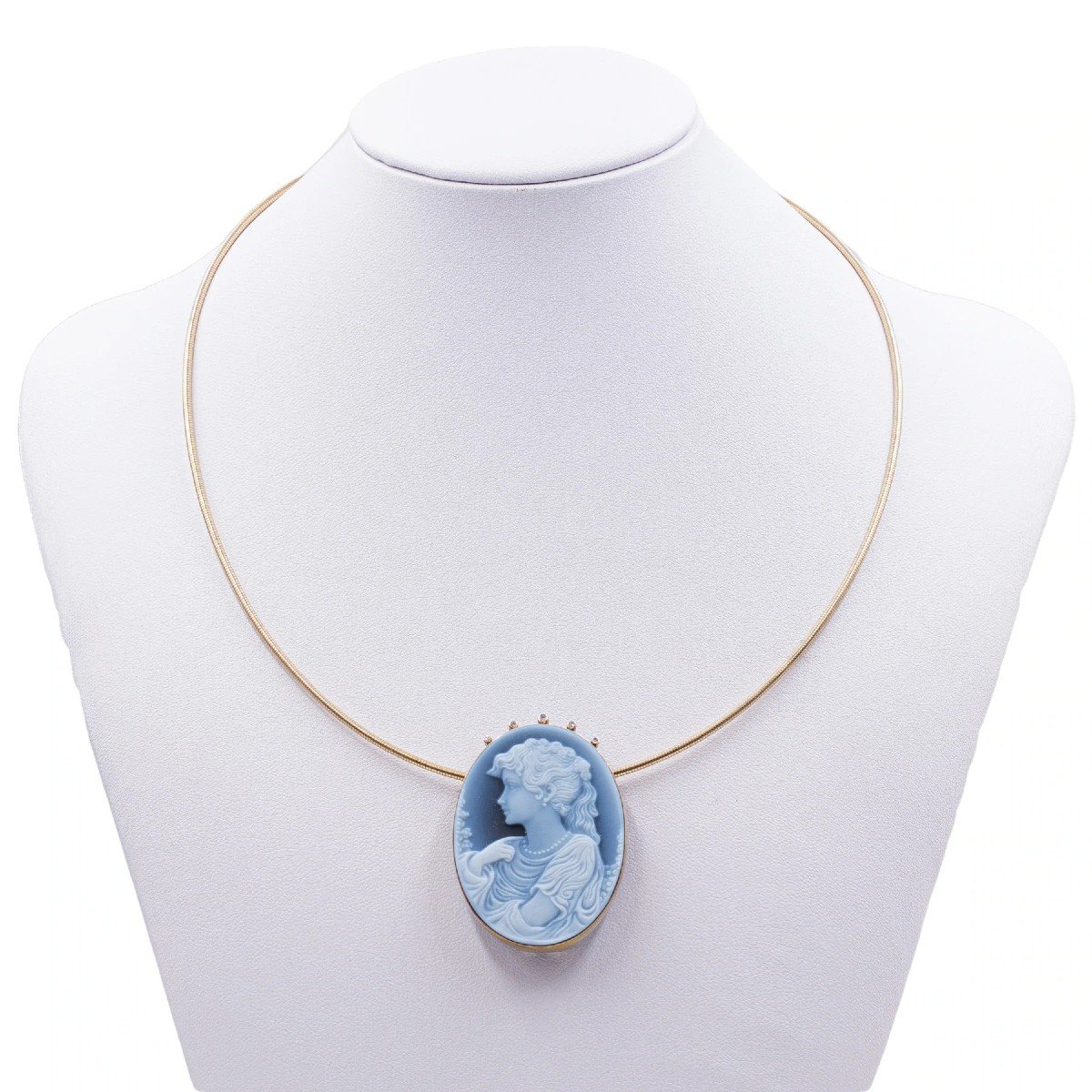 Collier Vintage En Or Jaune Avec CamÉe Sur Agate Bleue, 80