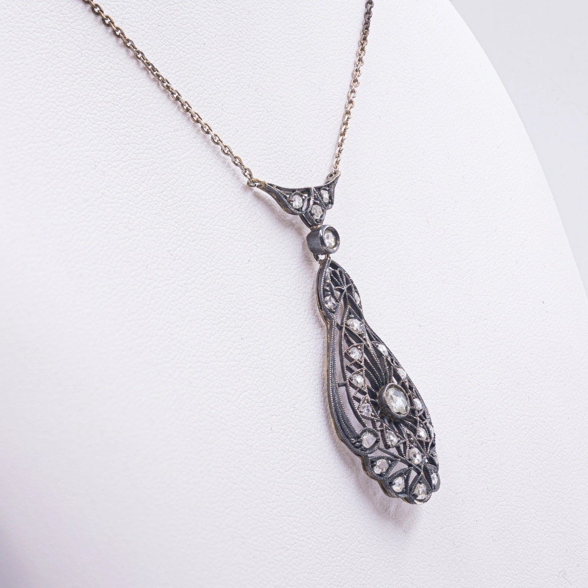 Collier Art Nouveau En Or Et Argent Avec Diamants Taille Rose, AnnÉes 10/20-photo-2