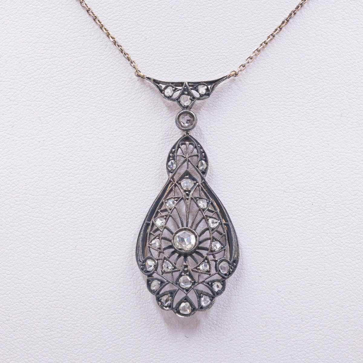 Collier Art Nouveau En Or Et Argent Avec Diamants Taille Rose, AnnÉes 10/20-photo-3