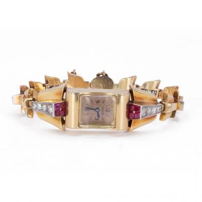 Montre-bracelet Lady Jaeger En Or 18k Avec Diamants (1,80ct) Et Rubis, Années 30