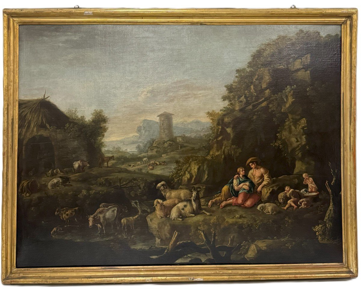 Giuseppe Tassoni (1653 -1737)  "Paesaggio con armenti e famiglia di pastori"