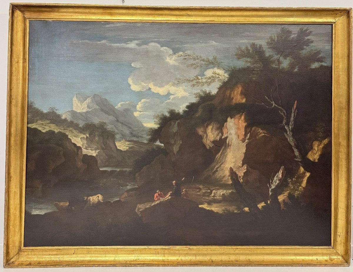 Bartolomeo Torreggiani (1590-1674) "Paesaggio roccioso con figure"