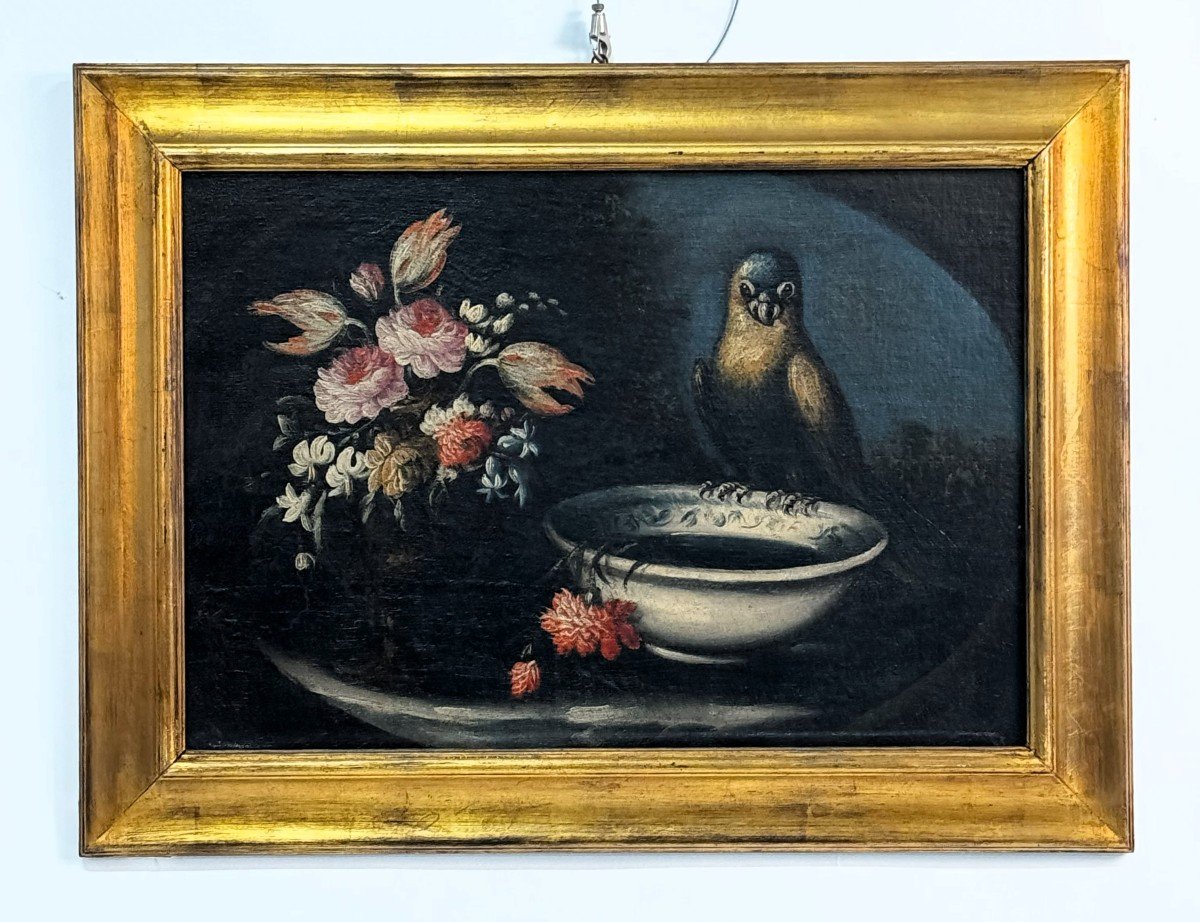 Felice Rubbiani  attribuito "Vaso di fiori e pappagallo" - "Vaso di fiori e gallina"-photo-3