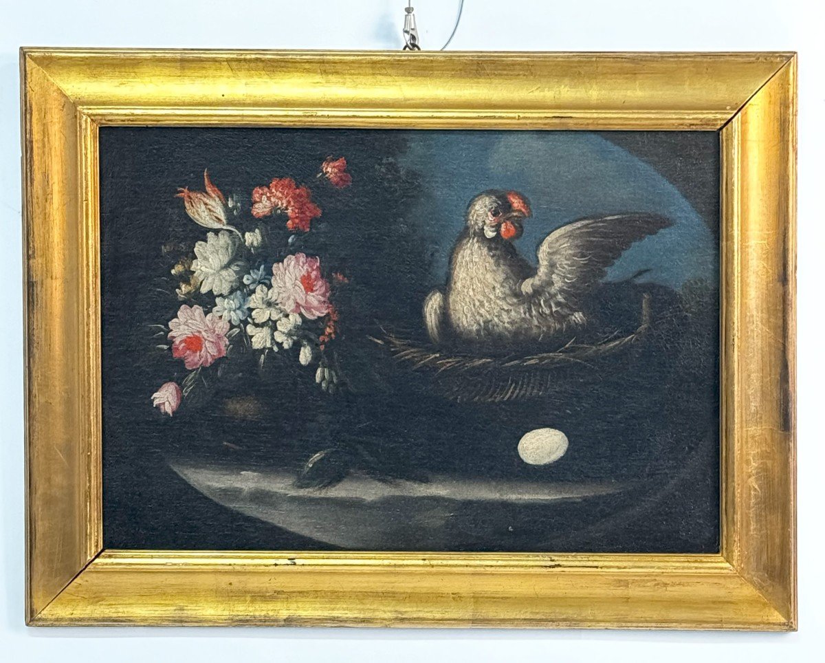 Felice Rubbiani  attribuito "Vaso di fiori e pappagallo" - "Vaso di fiori e gallina"