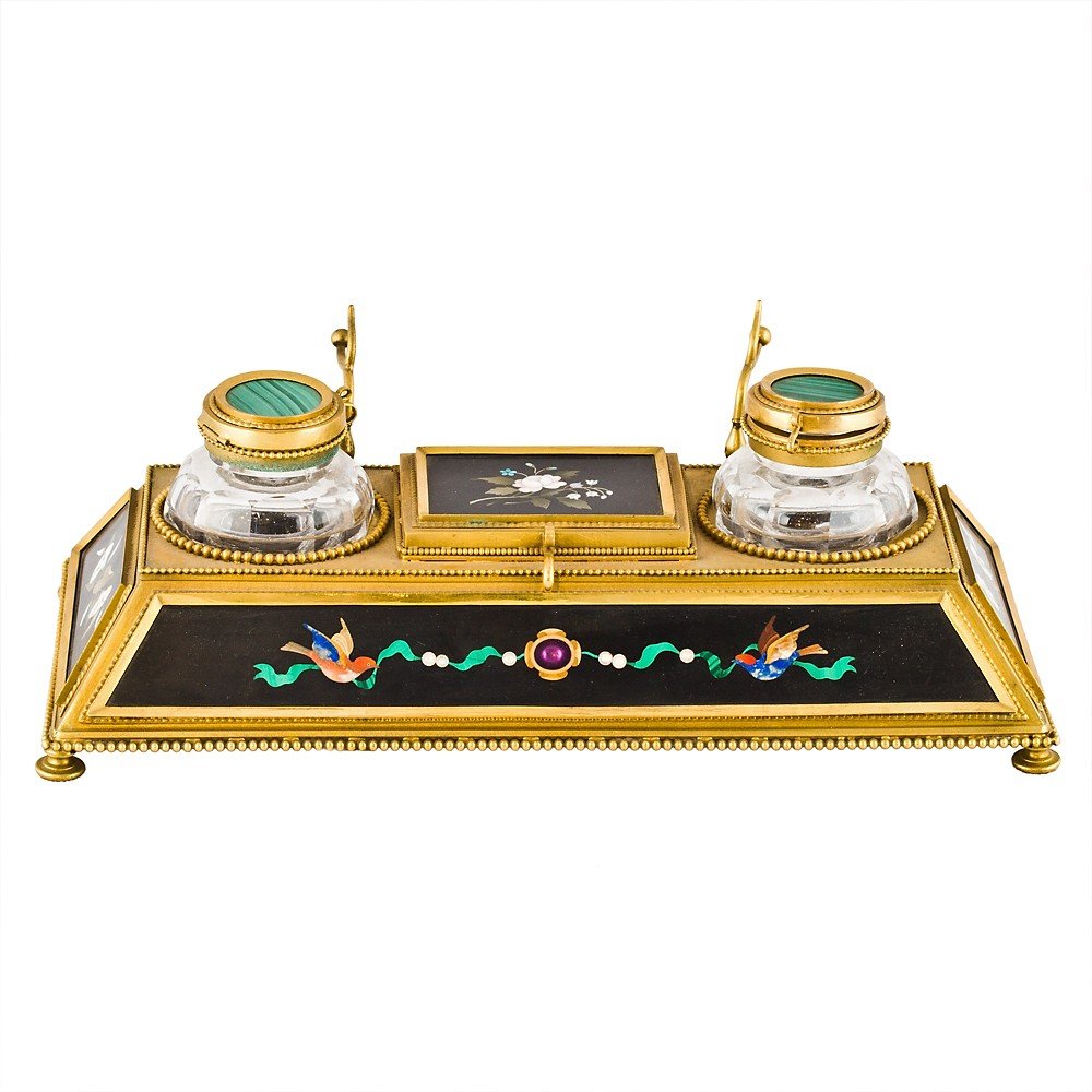 Set calamaio in bronzo dorato e pietre dure-photo-2