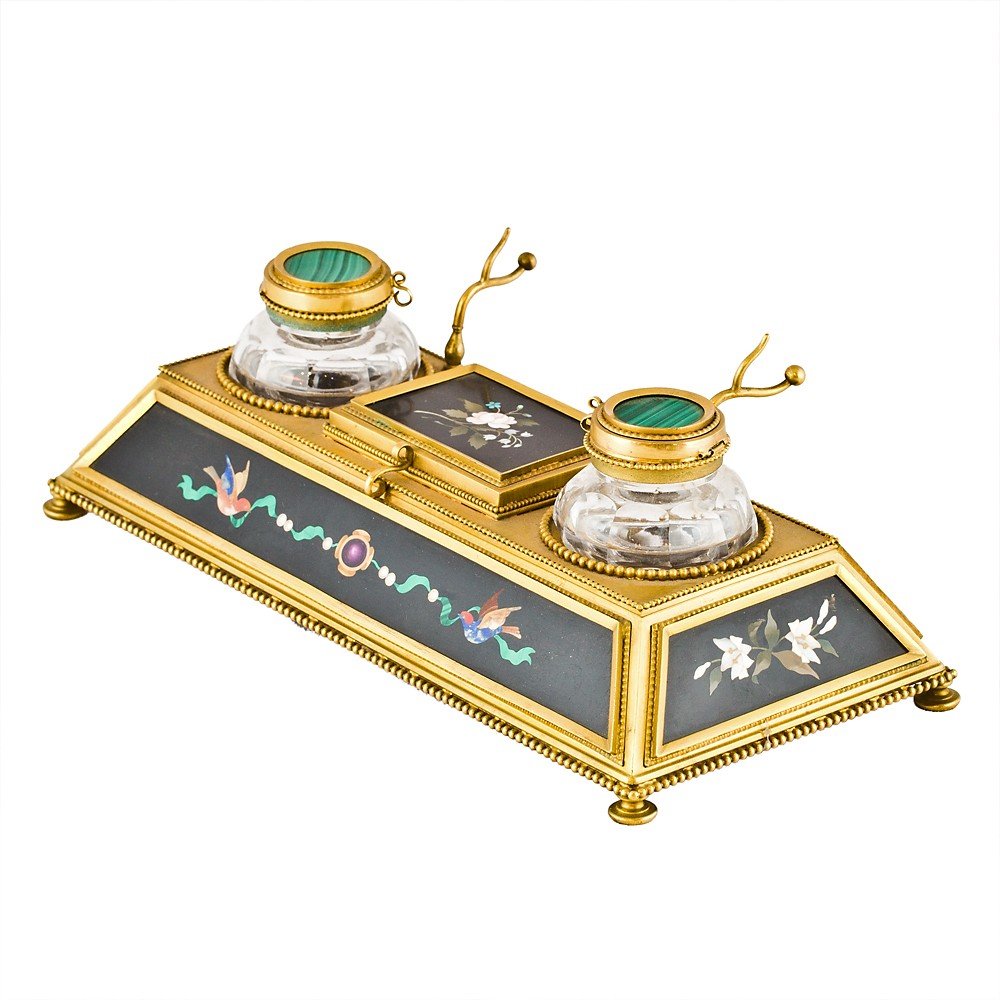 Set calamaio in bronzo dorato e pietre dure-photo-3