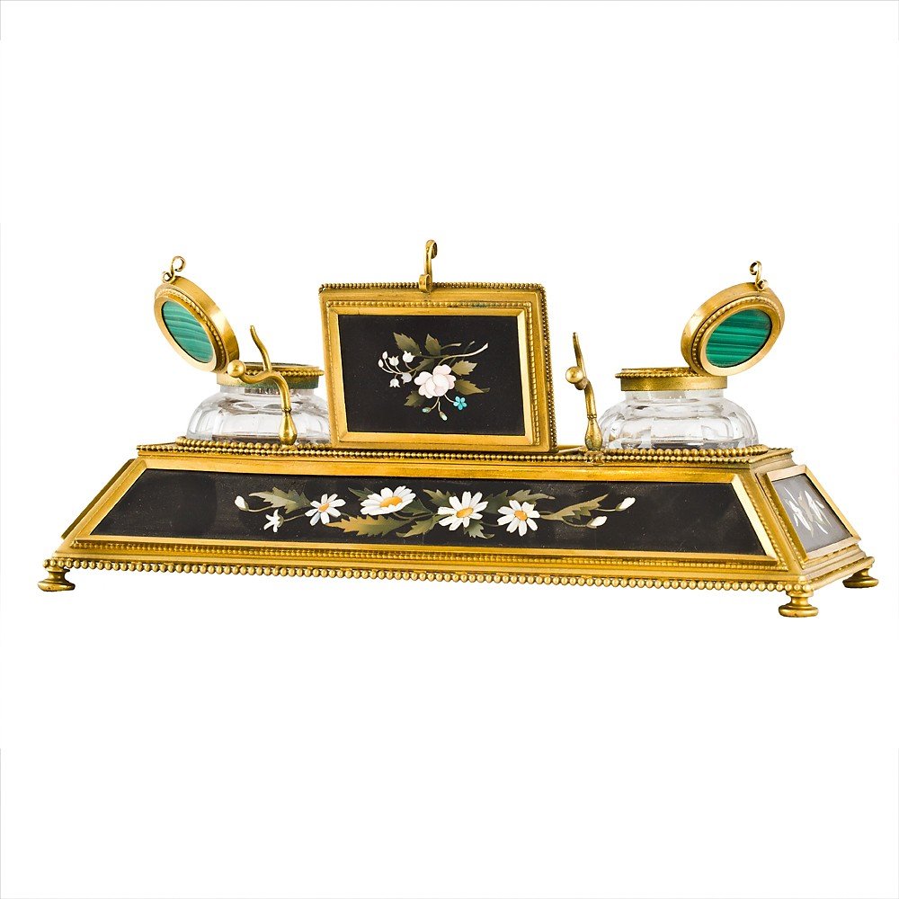 Set calamaio in bronzo dorato e pietre dure-photo-3