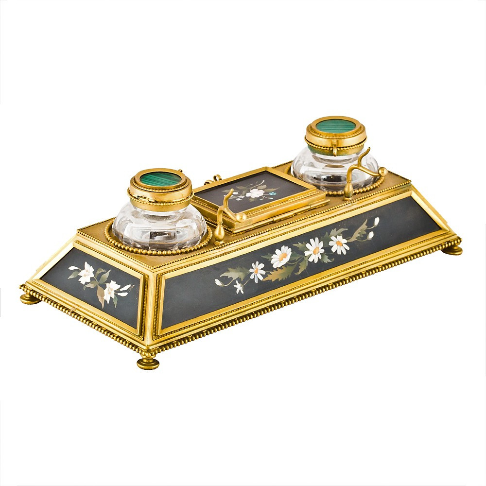 Set calamaio in bronzo dorato e pietre dure