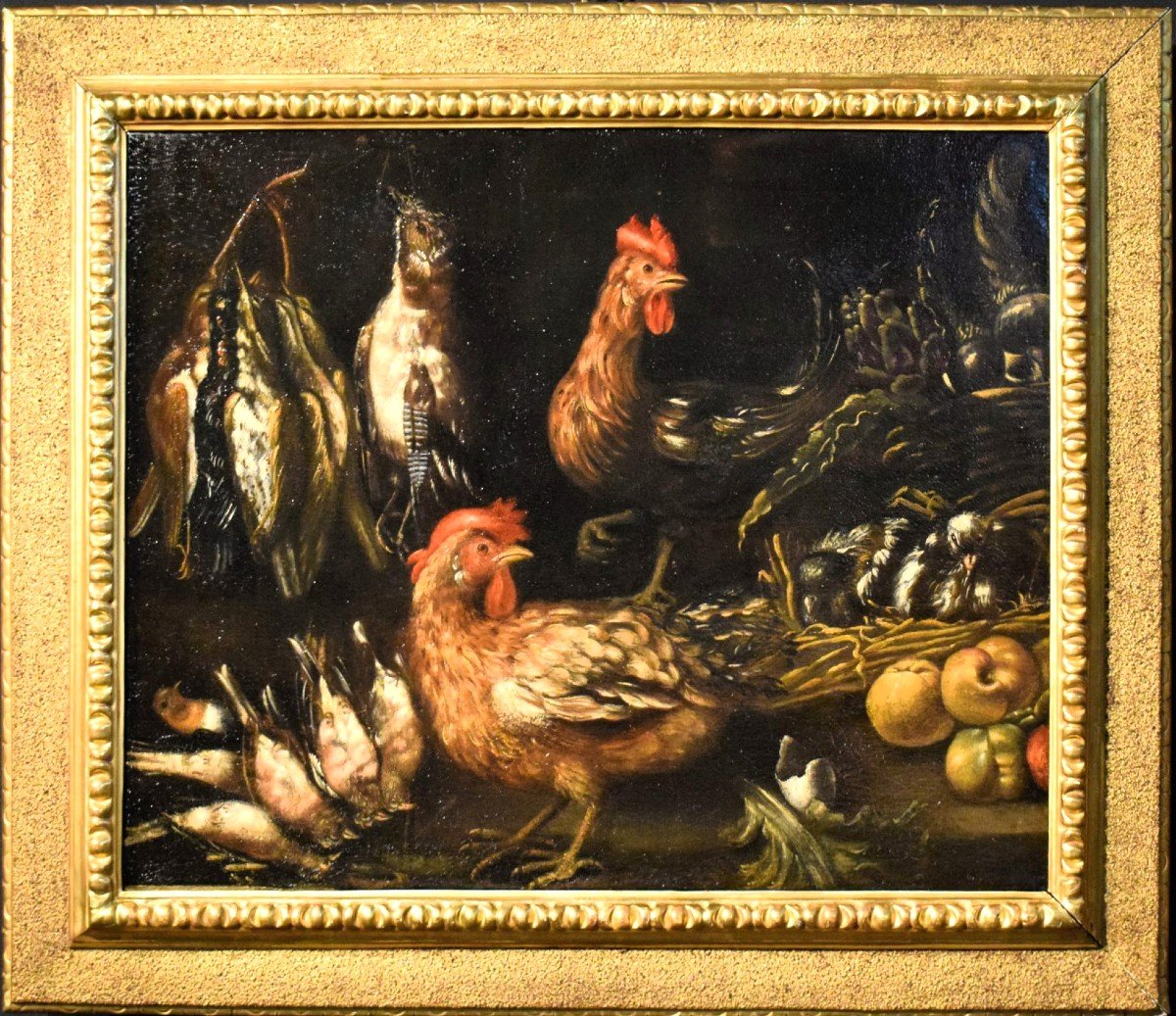 Natura morta con galli vivi e sevaggina  - Angelo Maria Crivelli (Milano1660-1730)