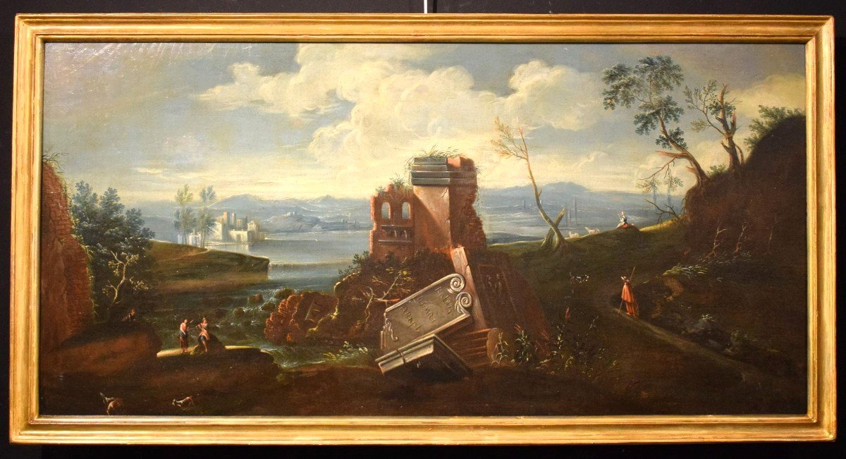 ​​​​​​​Antonio Diziani (Venise 1737-1797) atelier - Paesaggio lacustre con rovine e personaggi