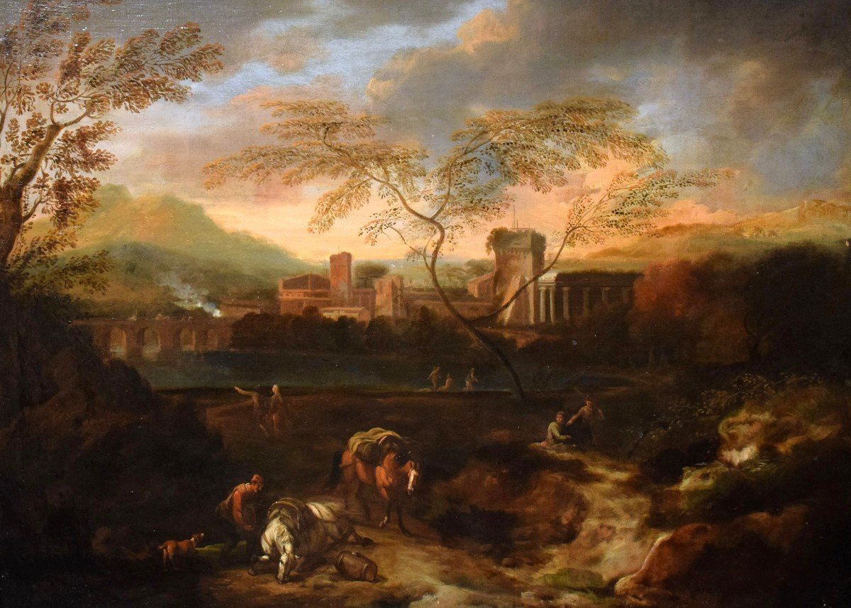 Paesaggio Idilliaco al tramonto - Bottega di Johann Heinrich Roos (1631 – 1685)-photo-2