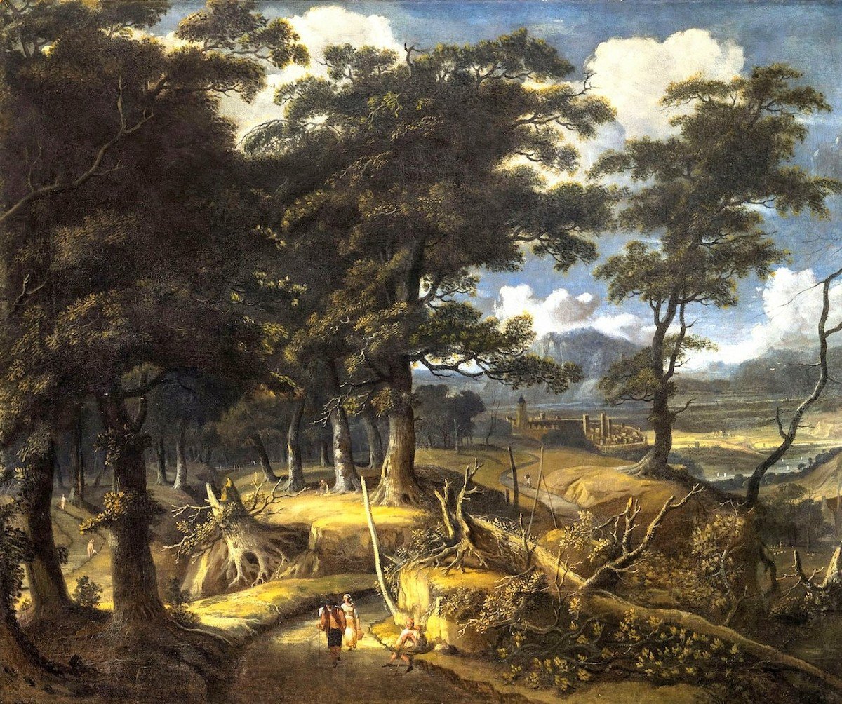 Jan Looten  (Amsterdam, 1618 - 1681)  - Paesaggio boschivo  con viandanti e villaggio-photo-2