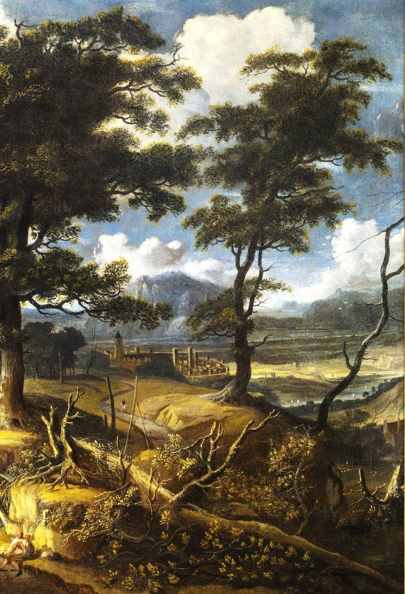 Jan Looten  (Amsterdam, 1618 - 1681)  - Paesaggio boschivo  con viandanti e villaggio-photo-3