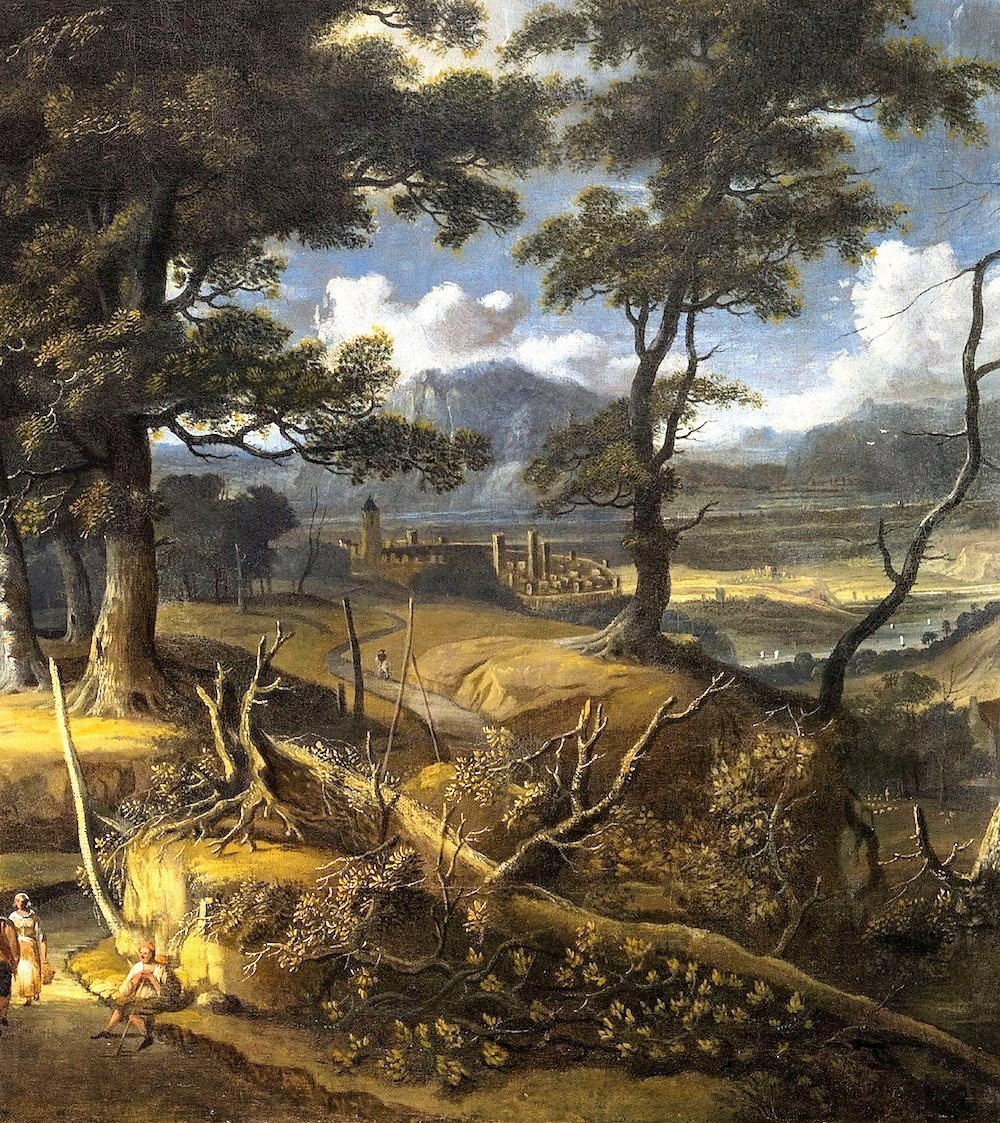 Jan Looten  (Amsterdam, 1618 - 1681)  - Paesaggio boschivo  con viandanti e villaggio-photo-4