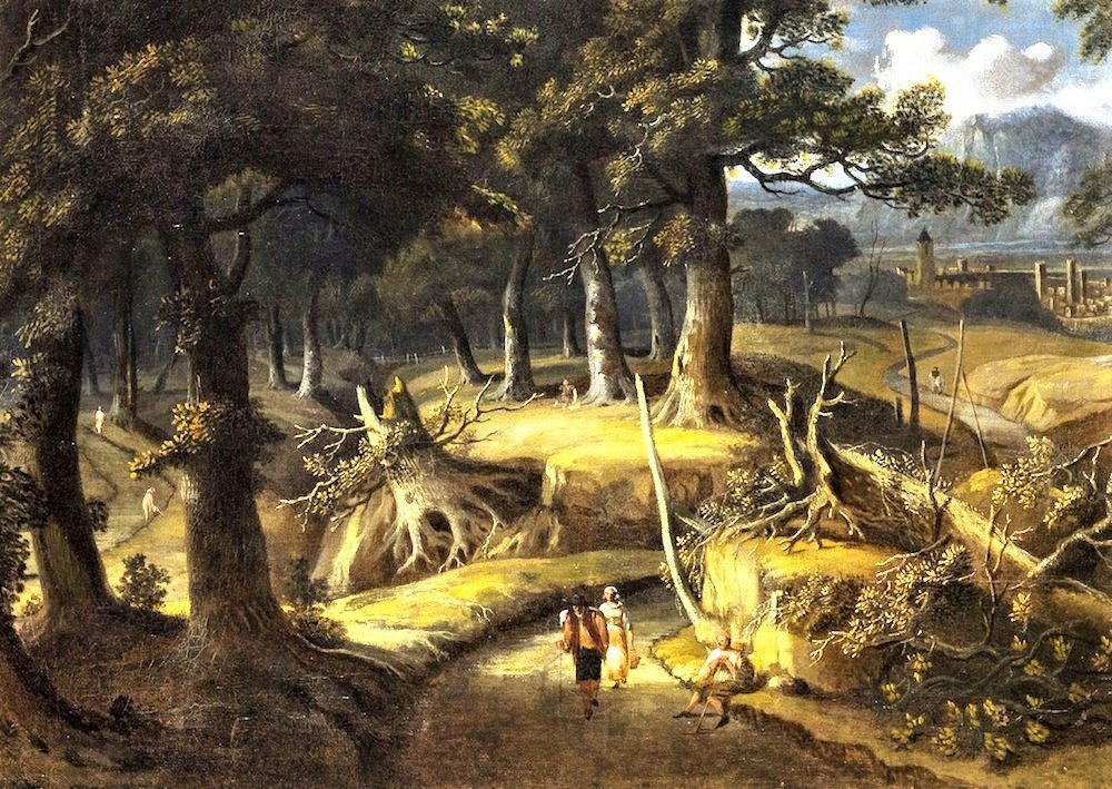 Jan Looten  (Amsterdam, 1618 - 1681)  - Paesaggio boschivo  con viandanti e villaggio-photo-1