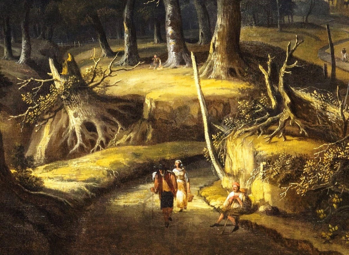 Jan Looten  (Amsterdam, 1618 - 1681)  - Paesaggio boschivo  con viandanti e villaggio-photo-5