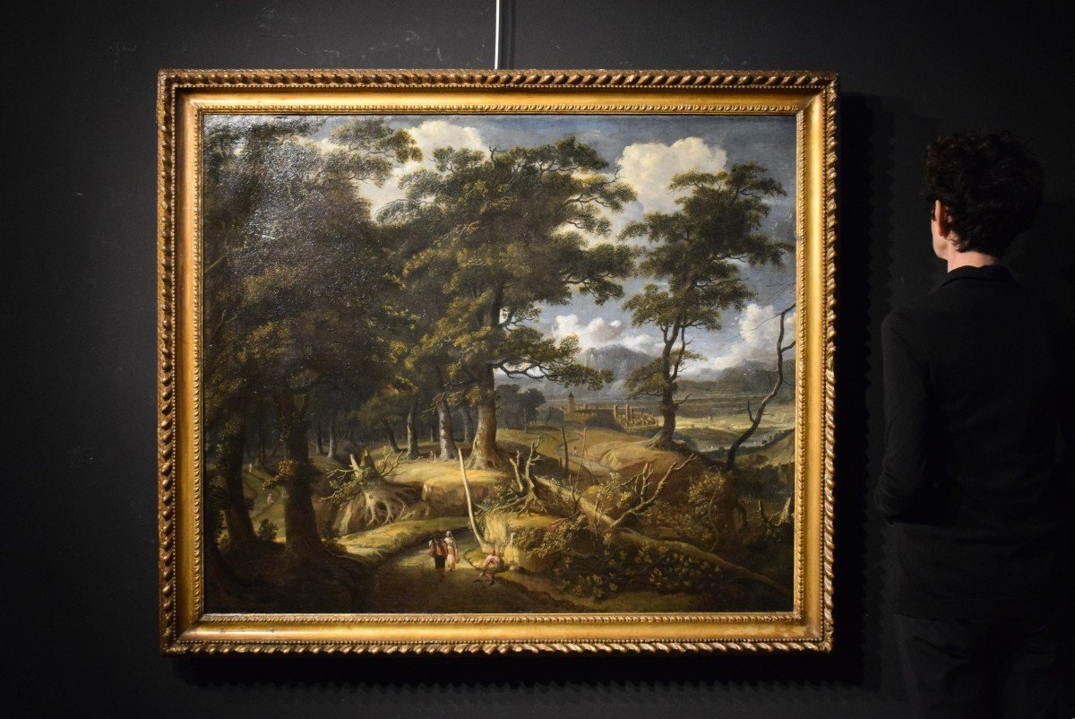 Jan Looten  (Amsterdam, 1618 - 1681)  - Paesaggio boschivo  con viandanti e villaggio-photo-8