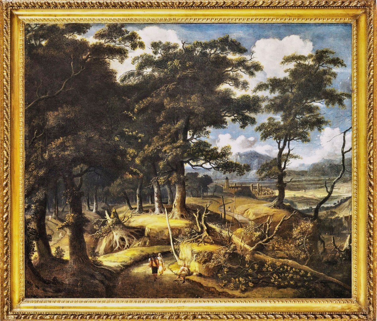 Jan Looten  (Amsterdam, 1618 - 1681)  - Paesaggio boschivo  con viandanti e villaggio