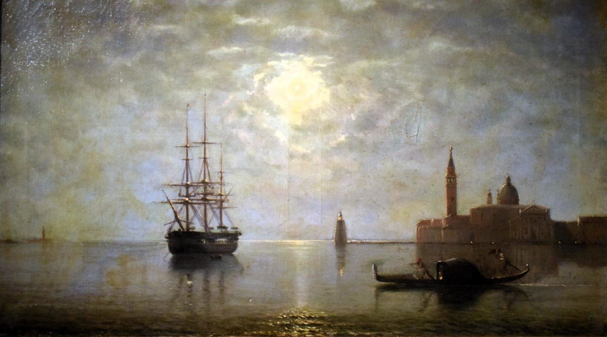 Venezia, San Giorgio Maggiore al chiaro di luna.- Baron Deslanders E.A.  firma e data 1877-photo-2