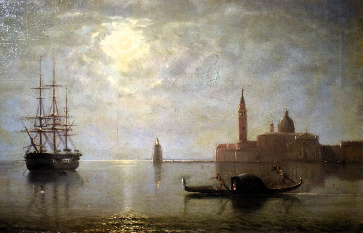 Venezia, San Giorgio Maggiore al chiaro di luna.- Baron Deslanders E.A.  firma e data 1877-photo-1